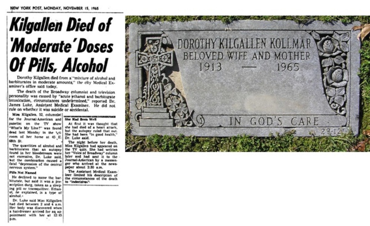 Left: News clippings after Kilgallen's death. Right: Dorothy's grave marker.