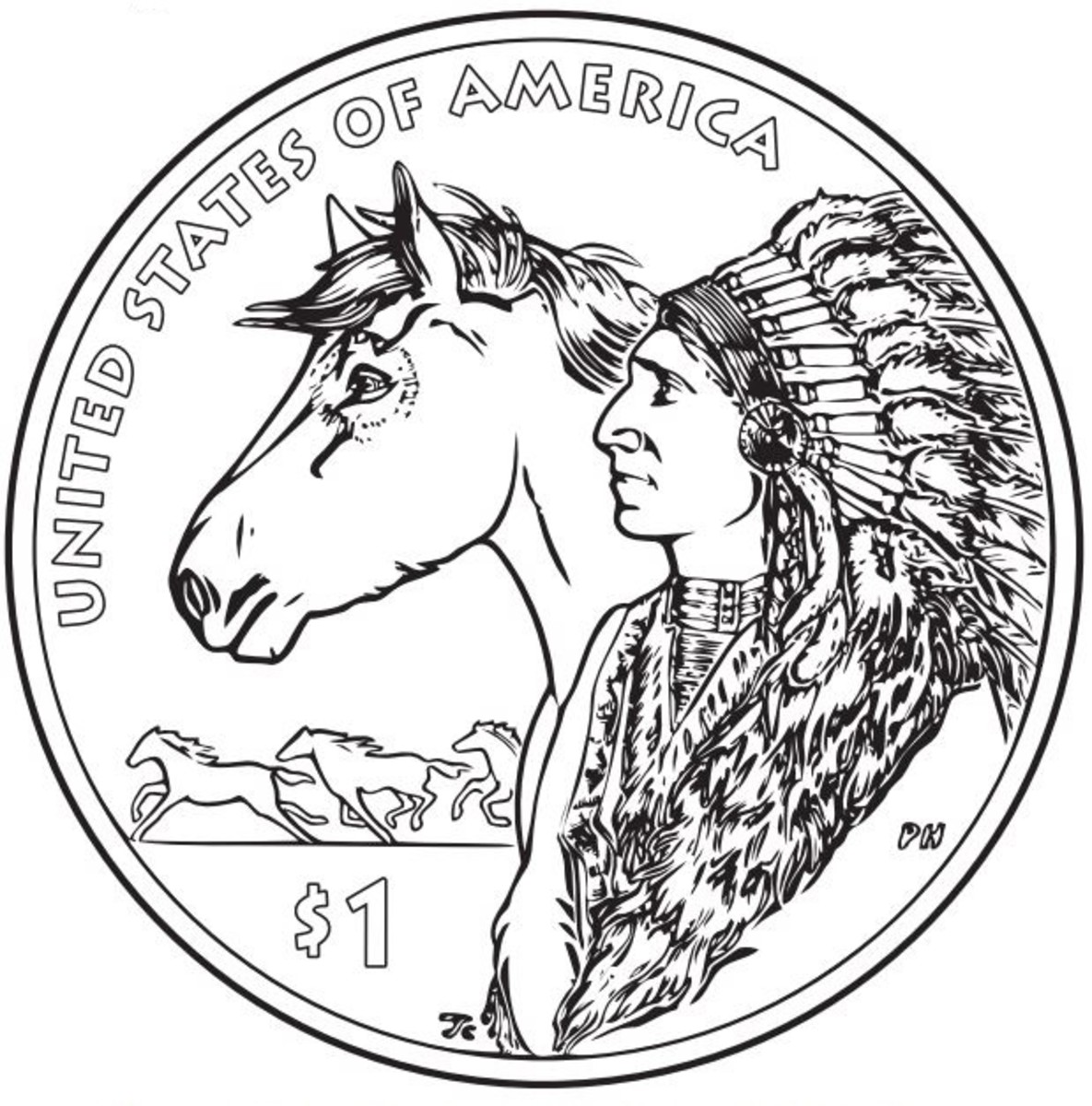 Native American Chief and Horse coin coloring page 