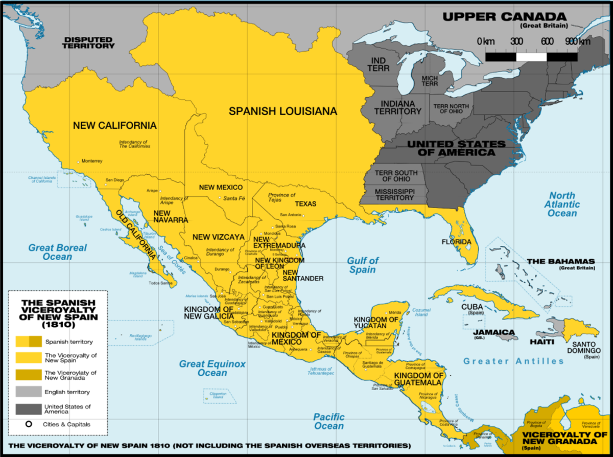 Map of the Viceroyalty of New Spain in 1800. Not including the viceroyalty's overseas territories in the Pacific Ocean.