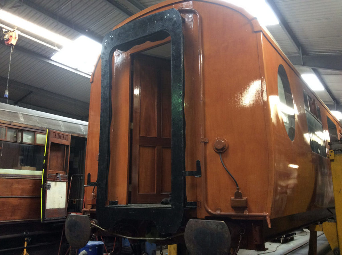 Under restoration by the LNER Carriage Association (LNERCA) at Pickering on the NYMR - TK1523 seen from the corridor connecting end in LNER simulated teak finish with white lead roof