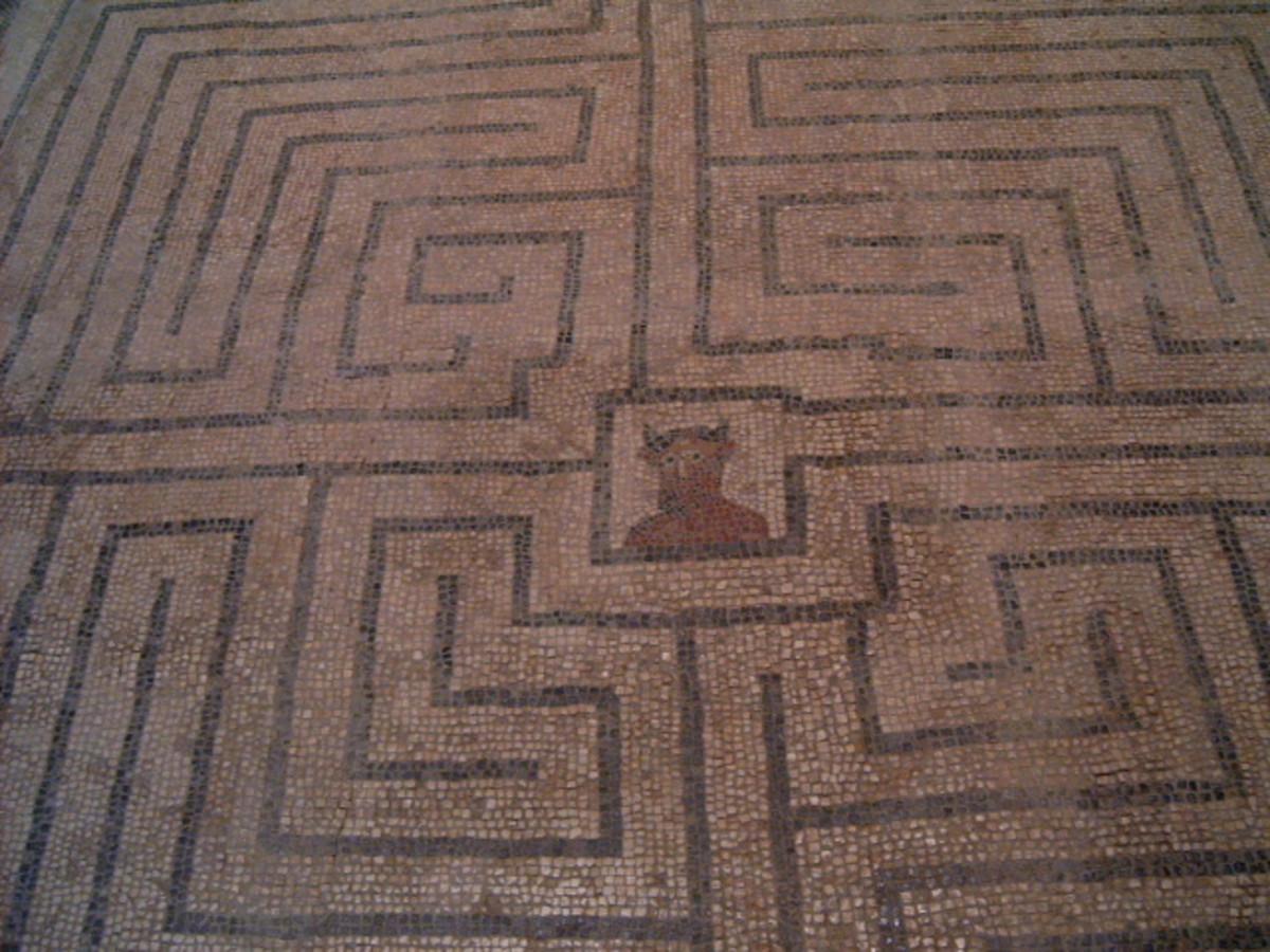 Minotaur in Labyrinth, Roman mosaic at Conímbriga, Portugal