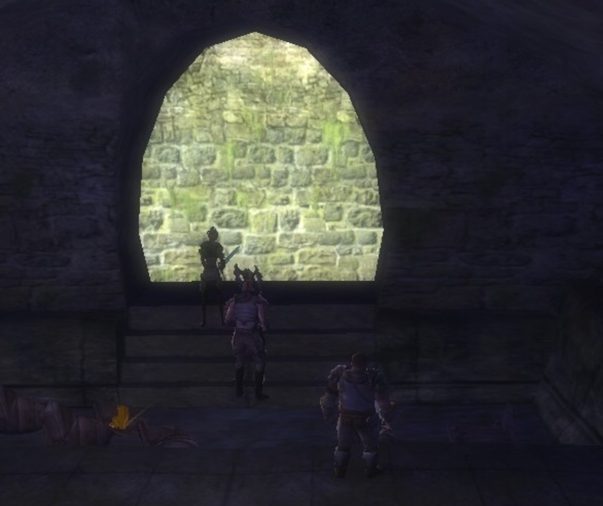 The party waits as a rogue finds a secret door in the sewers beneath Stormreach Harbor.