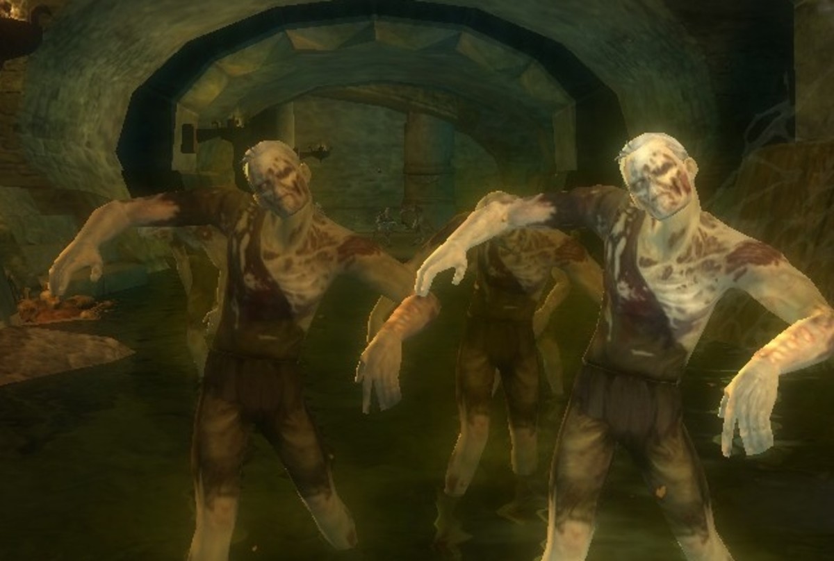 Zombies are painfully tough in higher level quests.  This mob sprouted in the maze of sewer tunnels known as The Waterworks.