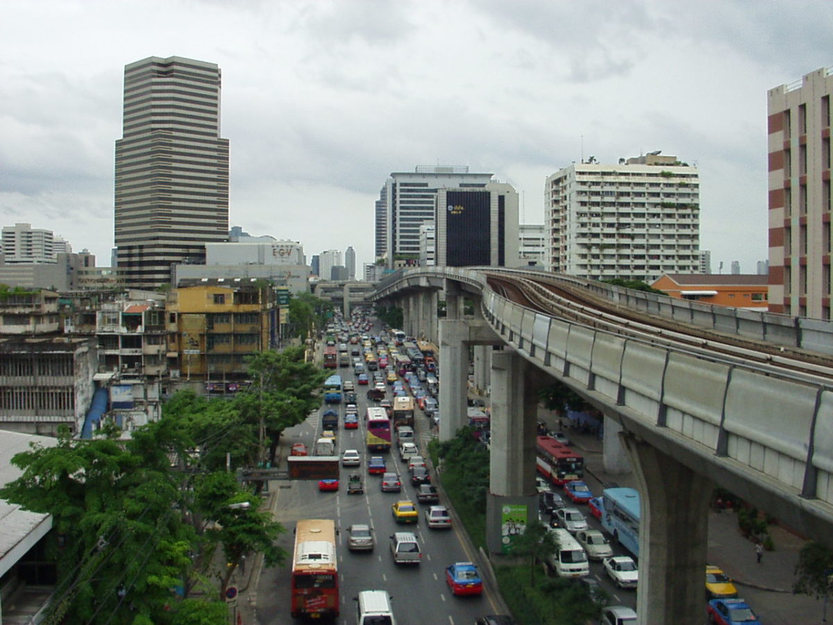 Bangkok Ratchthewi Skytrain View of a Traffic Jam.
