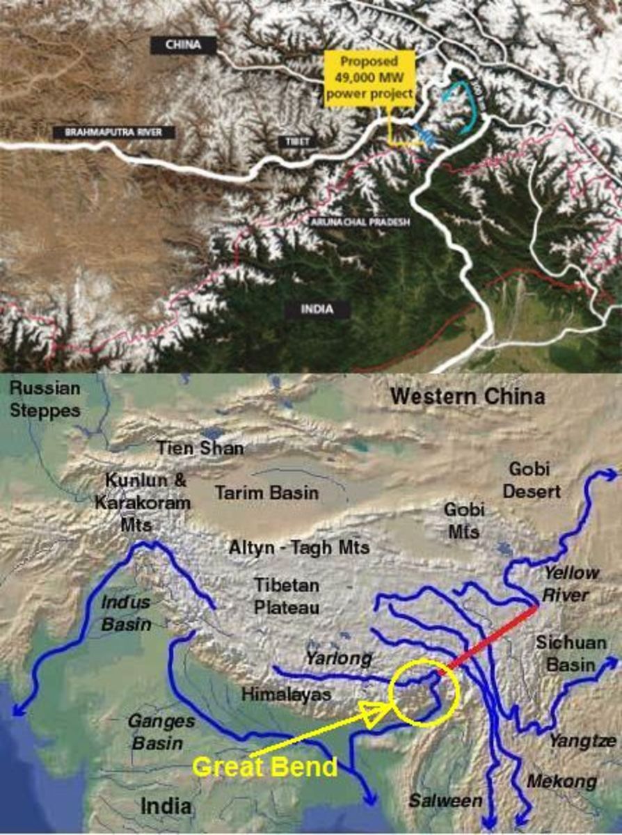 The yellow circle is the Great Bend Area. Red Line shows the general direction of water diversion. The Mega Dam site is marked in the top map.