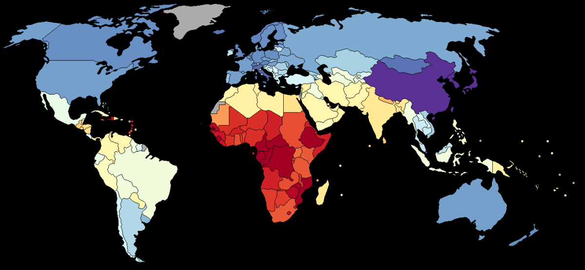 WORLD MAP OF AVERAGE INTELLIGENCE OF PEOPLE BY THE COUNTRY IN WHICH THEY LIVE: PURPLE THE MOST INTELLIGENT PEOPLE ON EARTH BESIDES JEWS; DARK BLUE THE NEXT MOST INTELLIGENT; DARK RED THE LEAST INTELLIGENT PEOPLE; NEUTRAL COLORS IN THE MIDDLE