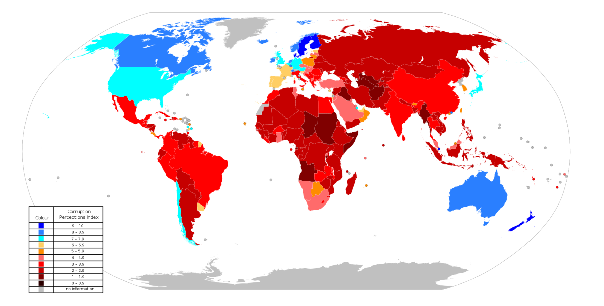WORLD MAP INDEX OF CORRUPTION (DARK BLUE FOR THE LEAST CORRUPT; RANGING TO DARKEST RED FOR THE MOST CORRUPT)