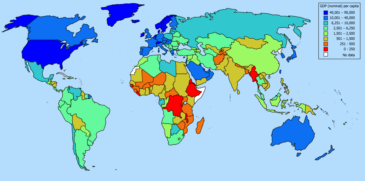 WORLD MAP GROSS DOMESTIC PRODUCT  PER CAPITA (RANGING FROM DARK BLUE FOR THE HIGHEST TO RED FOR THE LOWEST; WITH GREENS IN THE MIDDLE)
