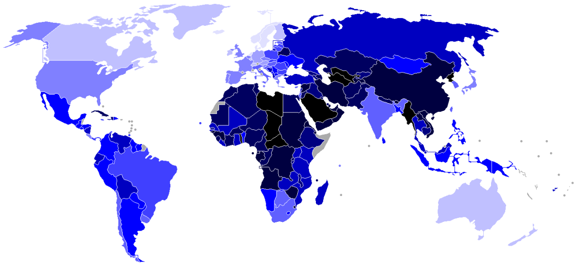 WORLD MAP OF DEMOCRACY (THE LIGHTER THE BLUE THE MORE DEMOCRATIC; THE DARKER THE COLOR THE LEAST DEMOCRATIC)