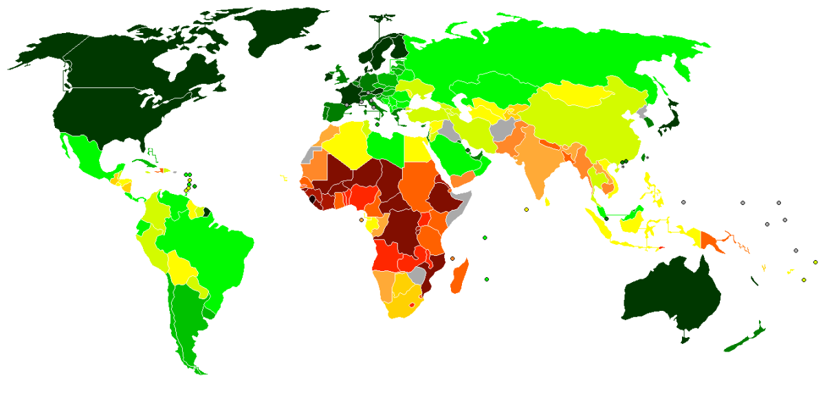 WORLD MAP OF THE HUMAN DEVELOPMENT INDEX (A COMBINED MEASUREMENT OF STANDARD OF LIVING, EDUCATION, LITERACY, AND LIFE EXPECTANCY) DARK GREEN FOR MOST HIGHLY DEVELOPED HUMAN BEINGS; DARK RED FOR LEAST DEVELOPED) 