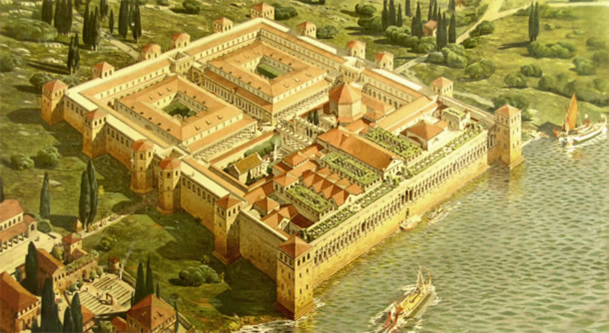 This drawing made in 1911 shows how the Diocletian's Palace probably looked in Ancient times. There are two major streets dividing the Palace into four distinctive blocks. The military was in the northwest block, the clothing factory the northeast. This drawing made in 1911 shows how the Diocletian's Palace probably looked in Ancient times. There are two major streets dividing the Palace into four distinctive blocks. The military was in the northwest block, the clothing factory the northeast.