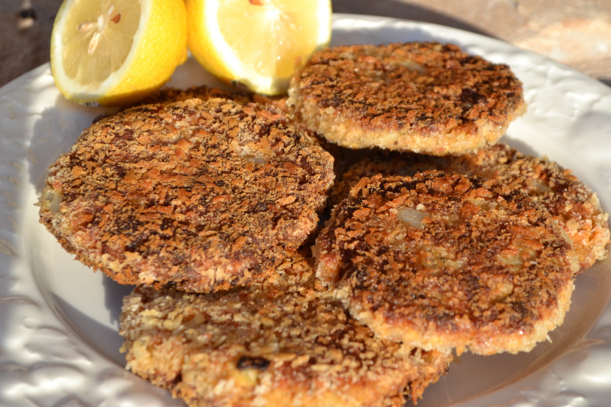 Salmon patties coated in panko breadcrumbs and pan-fried until golden brown.