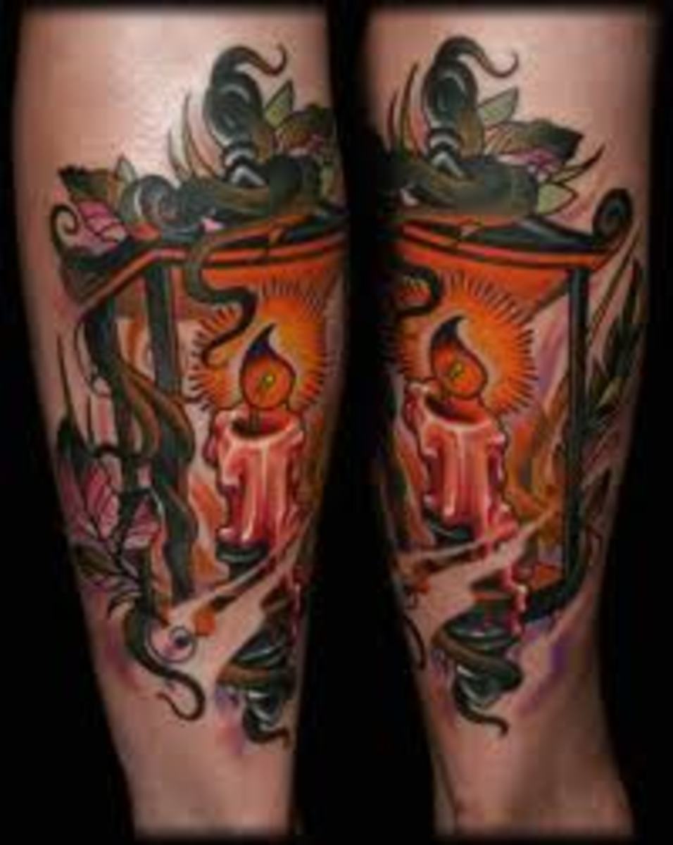 Neotraditional lantern tattoo on the inner forearm