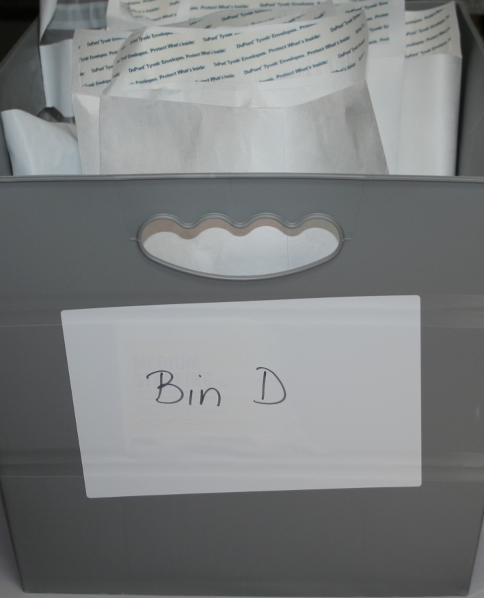 Bins are great for storing items ready to ship in tyvek envelopes and poly mailers