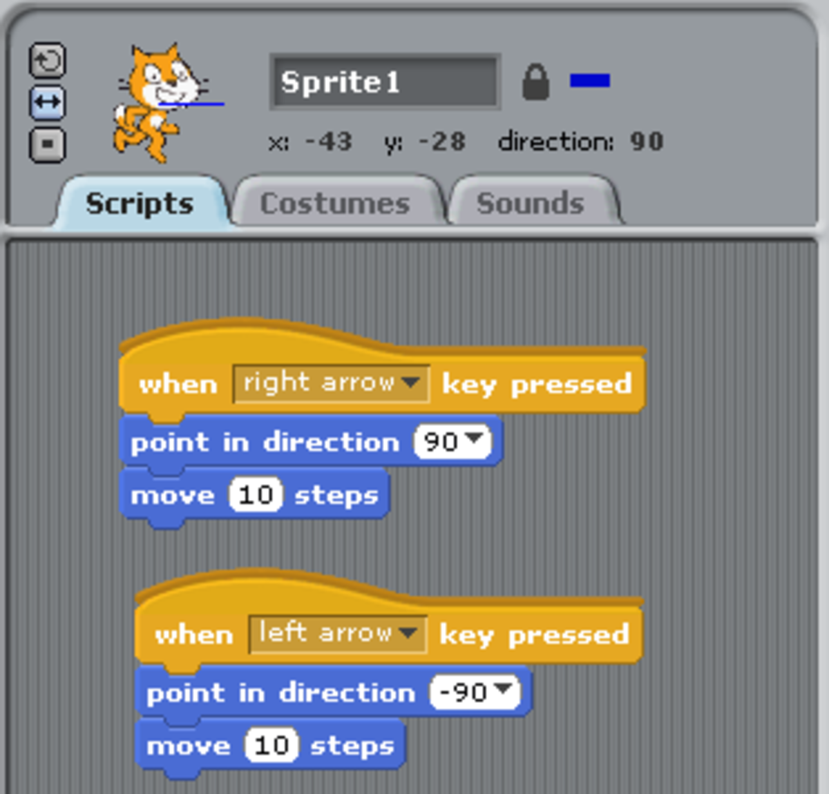 The second group of blocks correctly configured to allow Scratch the cat to move left.