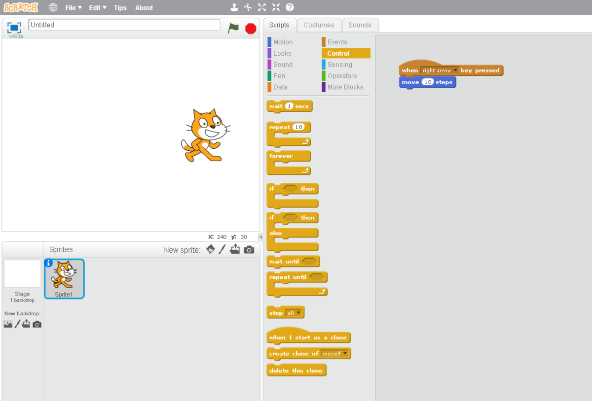 A view of the main Scratch user interface (version 2.0).