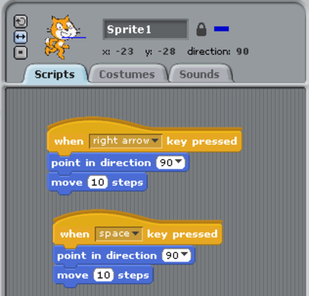 Create a copy of the first group of blocks in Scratch to use in the second part of our programme.