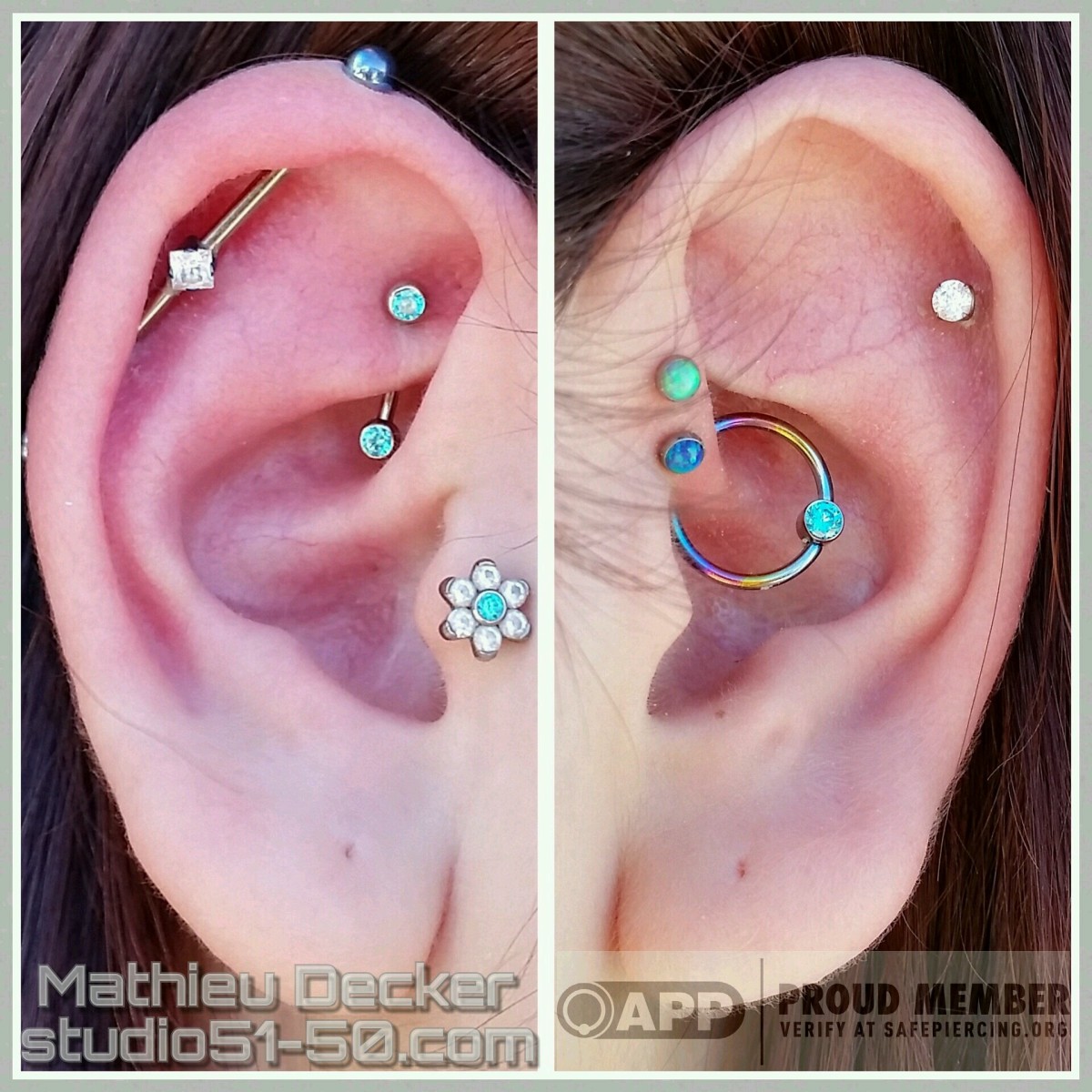 (Left) Industrial, rook, and tragus; (Right) Helix, forward helix, and daith