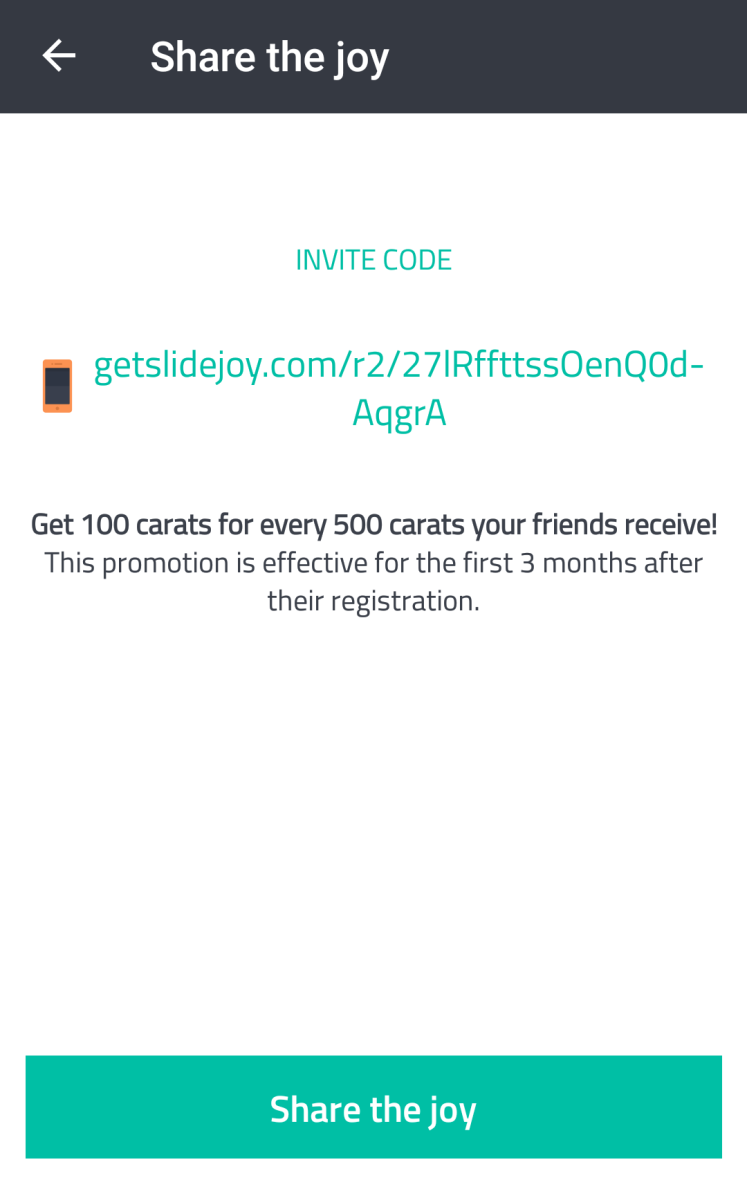 Slidejoy Invite Code: getslidejoy.com/r2/27lRffttssOenQ0d-AqgrA