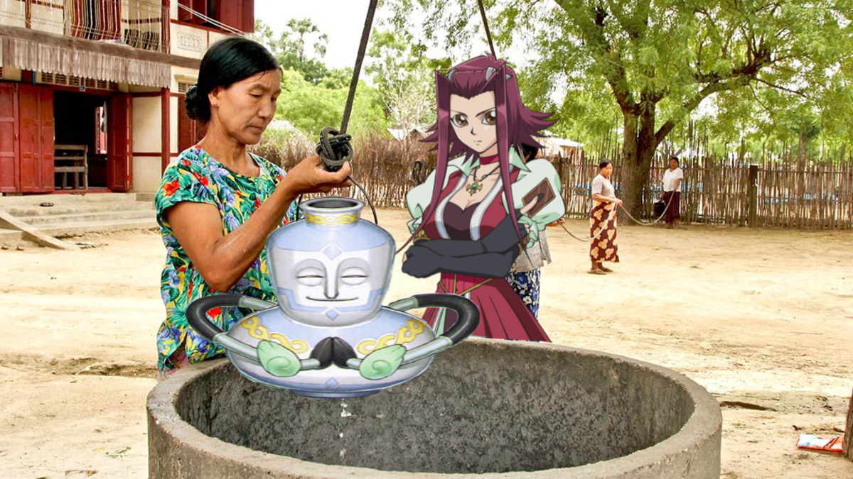 Don't ask why Akiza isn't helping her elder draw a bloated Pot of Benevolence from a well, ask WHY is this elderly woman pulling a bloated Pot of Benevolence from a well.