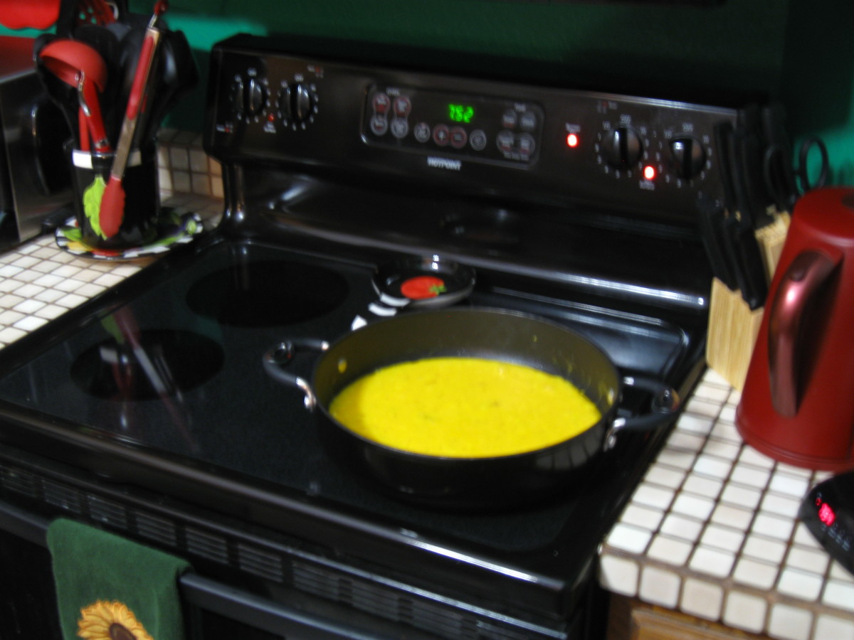 The Ostrich egg omelet cooking on the stove top