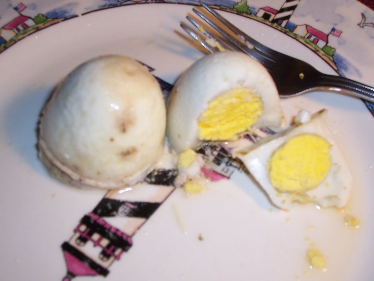 Two funny looking hard boiled eggs.