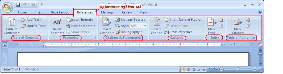 Working With the References Ribbon Tab of Microsoft Office Word 2007