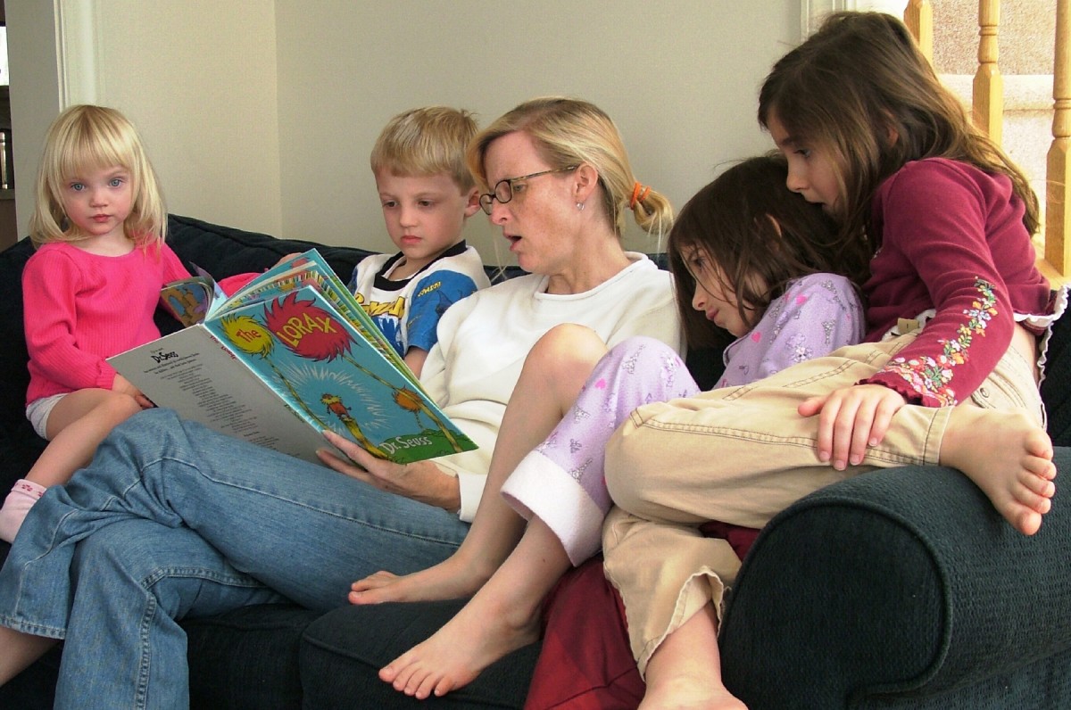 Mother reading to her children