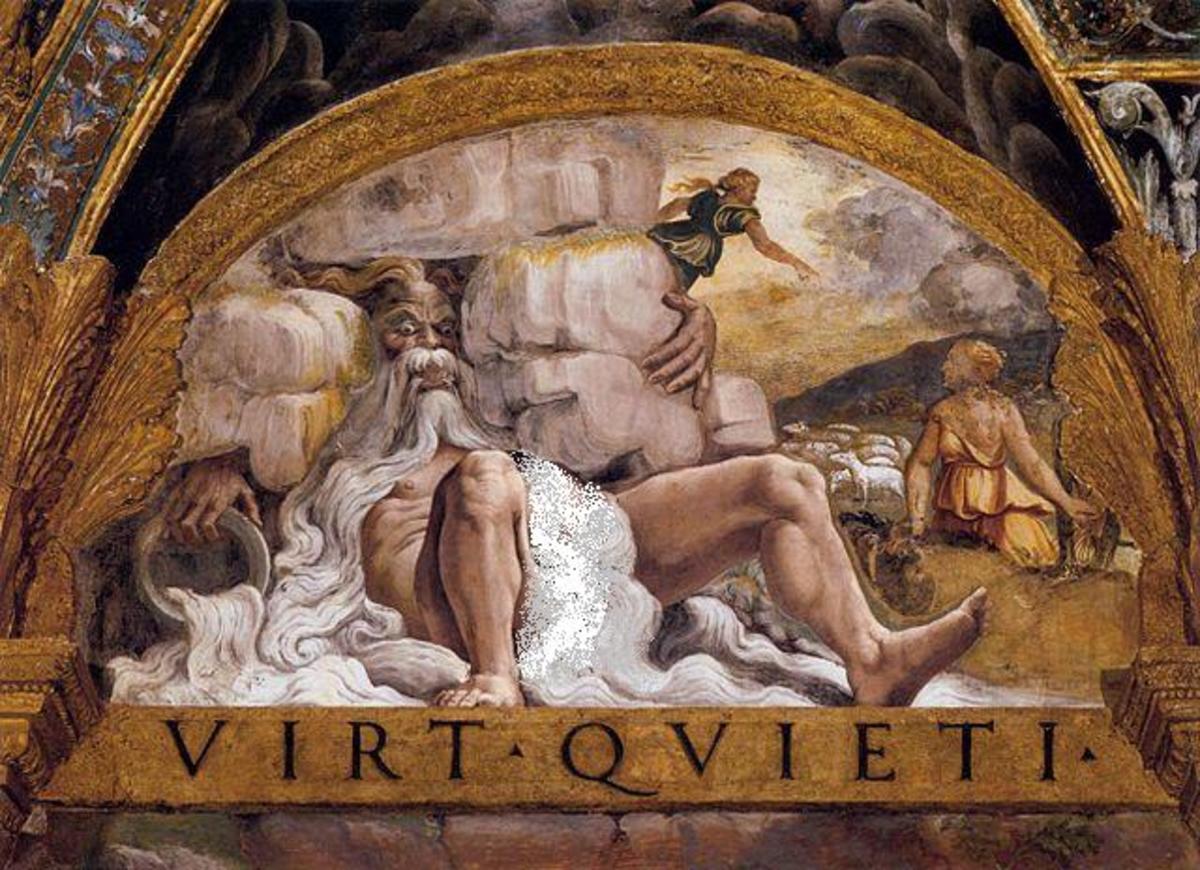 The River deity. Psyche's Second Task (Mannerist, 1526â€“28) by Giulio Romano, from the Palazzo del TÃ¨ 
