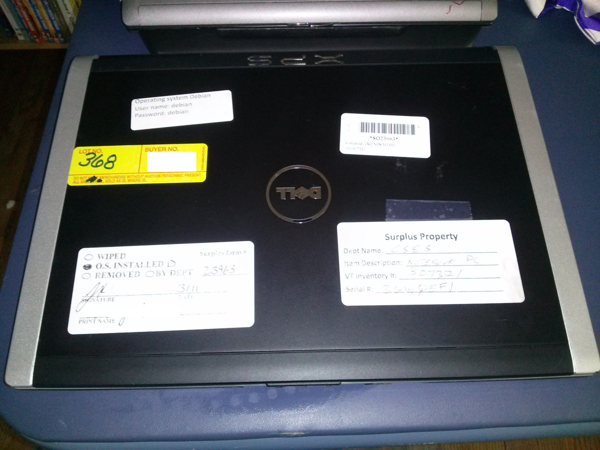A Dell XPS M1330 that I won at $75.  Just missing a power adapter and having a small dent in the palm rest area, this one was cleaned up and given to a relative to have for accessing the internet and email, and for kids to play games on.