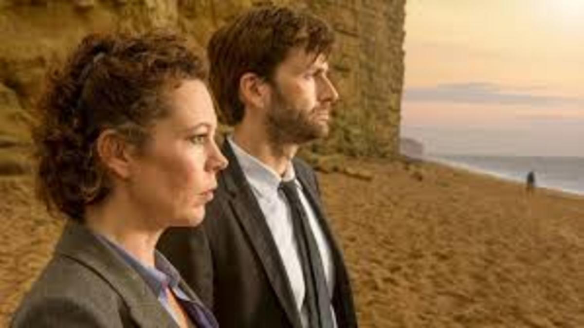 A scene from "Broadchurch"  So wish I`d been  in West Bay when David Tennant was. What a dish.. Ummm..