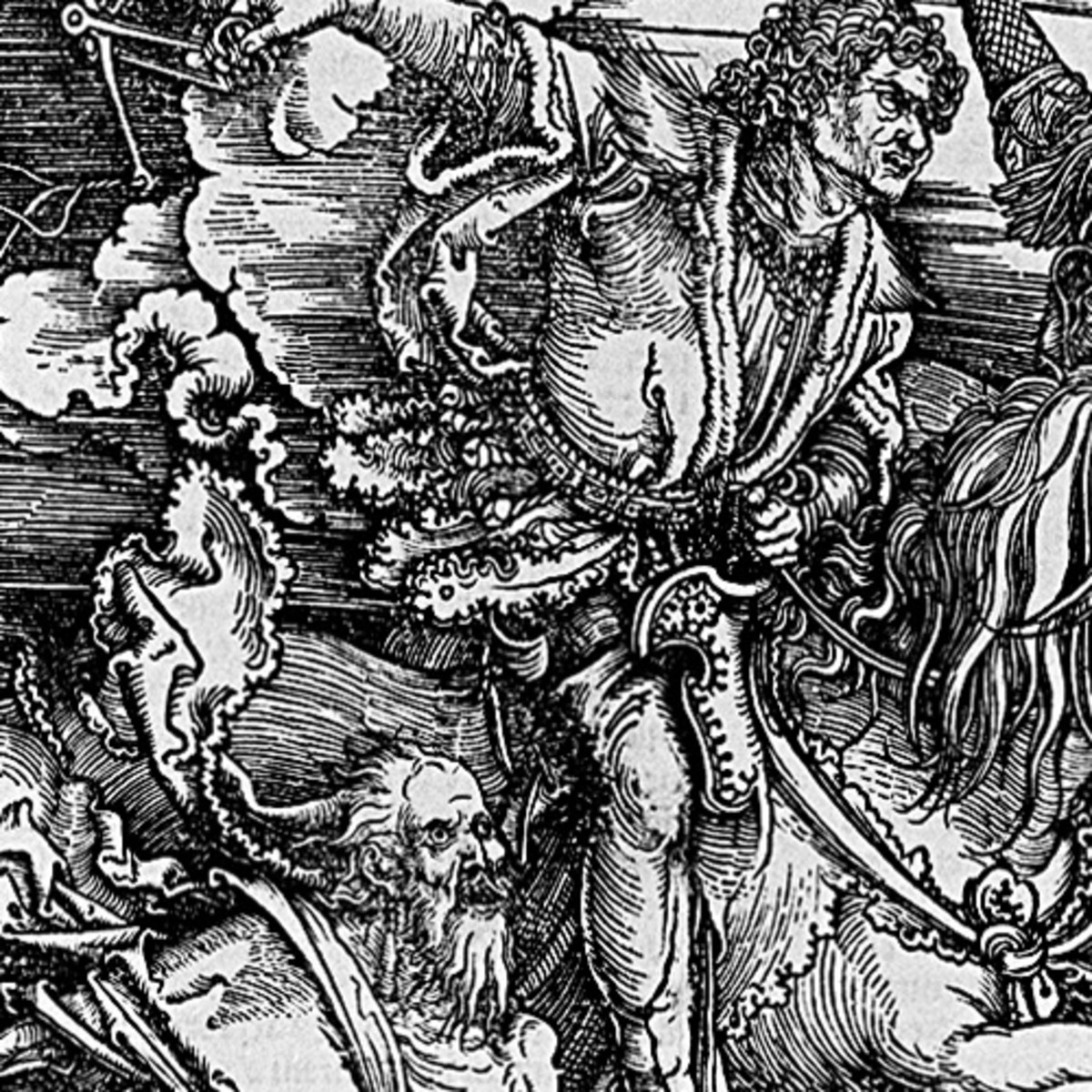 Here we show a portion of 'The Four Riders of the Apocalypse' - the fourth Woodcut from the suite by Albrecht Durer known as "The Apocalypse".