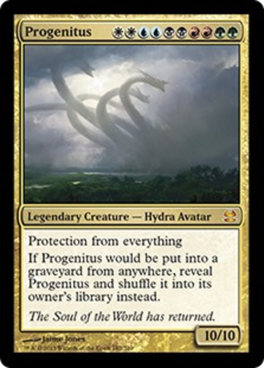 Progenitus, a legendary creature with every mana color. Use it as Commander if you want your deck to have every color in it!