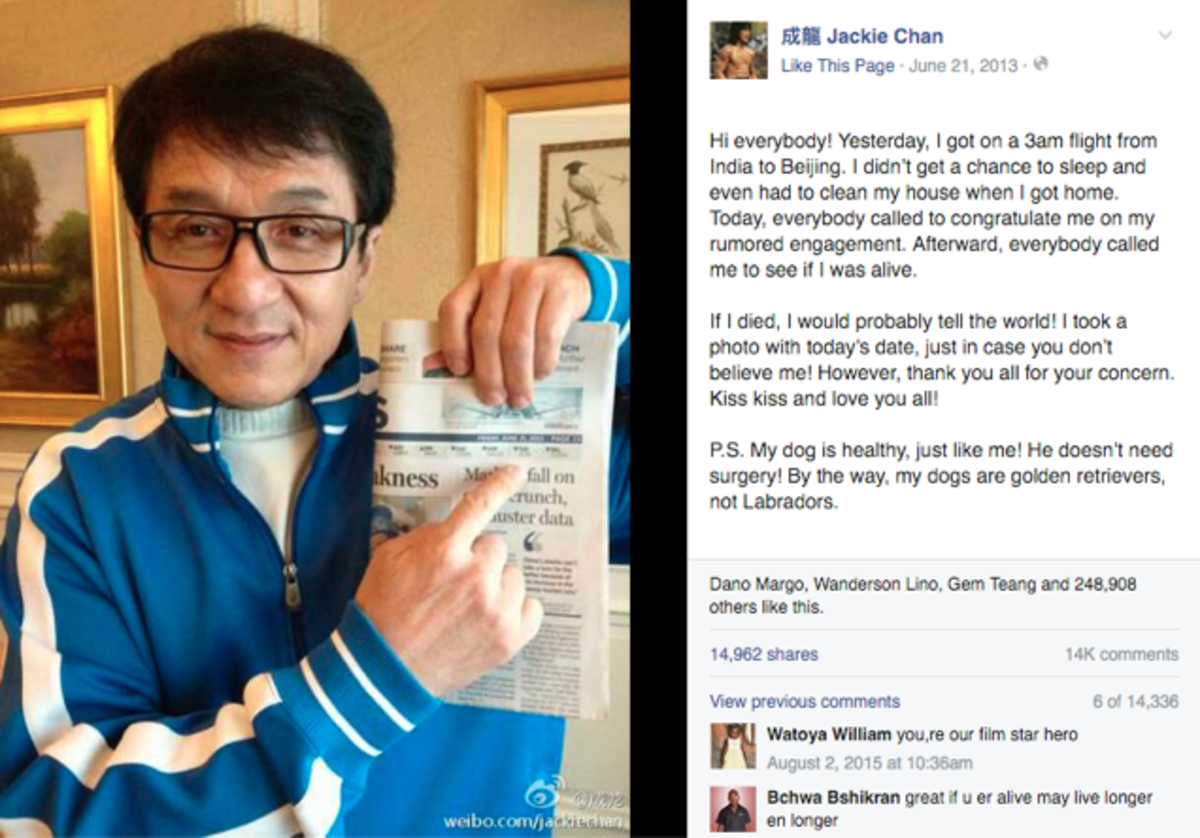 Jackie Chan denying his death rumor with a picture of himself on Facebook