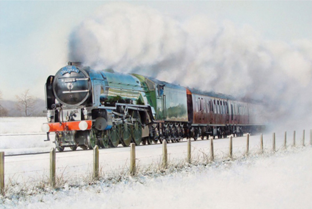 Class A1 "Tornado" takes a midwinter southbound enthusiasts' train bound for Kings Cross - the first LNER designed locomotive to do so since "Flying Scotsman" with Alan Pegler in the mid-1960s - print from original by James Green