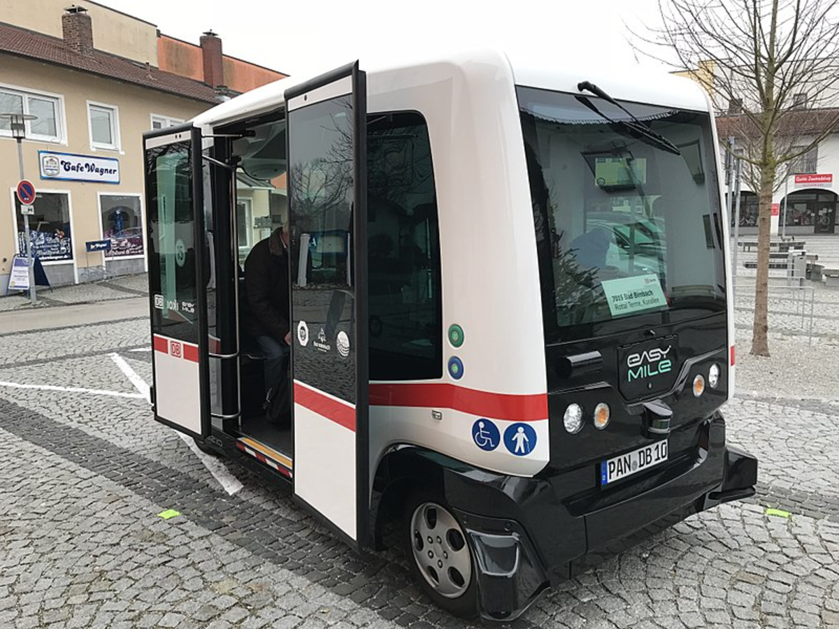 Easymile autonomous bus in Bad Birnbach, a municipality in the district of Rottal-Inn, Bavaria, Germany (January 10, 2018).
