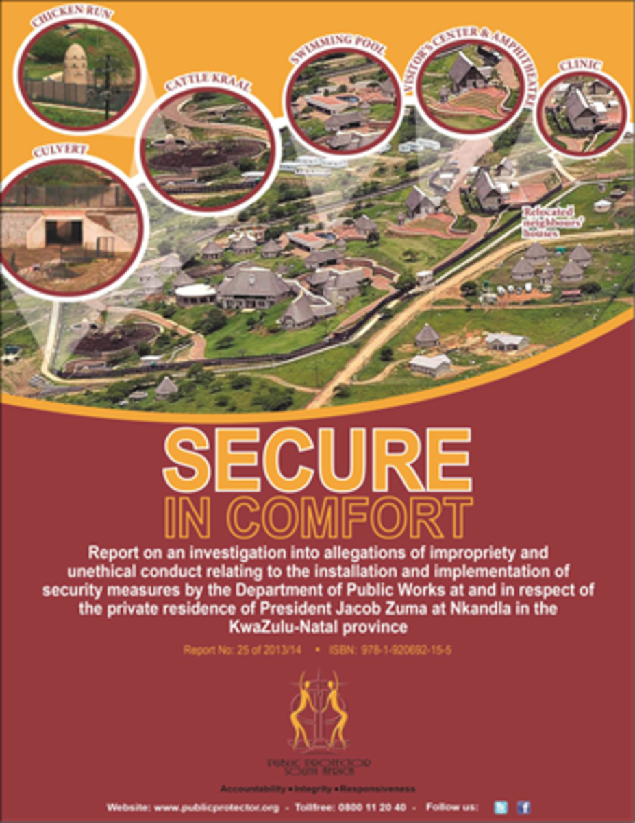 The Front cover of the 400+ pages of Thuli Madonsela's Report On Zuma Nkandla Scandal. "Our government is the potent, the omnipresent teacher. For good or for ill, it teaches people by example... If the government becomes a law breaker, it breeds con