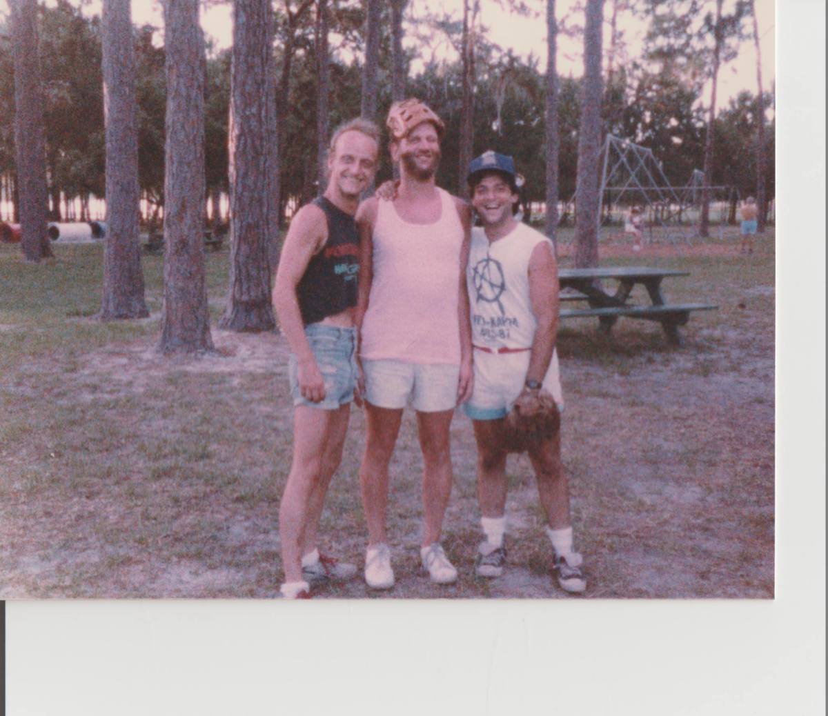 Randy Brown, Jimmy Schrader, and Mike Herrera play softball (1987, Clearwater, Florida) 