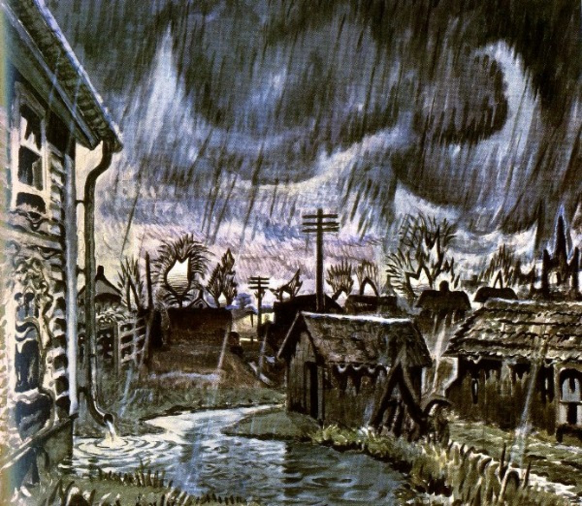 40 x 52 inches. "Night of the Equinox" took Burchfield thirty-eight years to complete, and combines many artistic phases of his career. Drama is created by a limited palette of somber colors, and bold slashes of paint represent a driving rain.