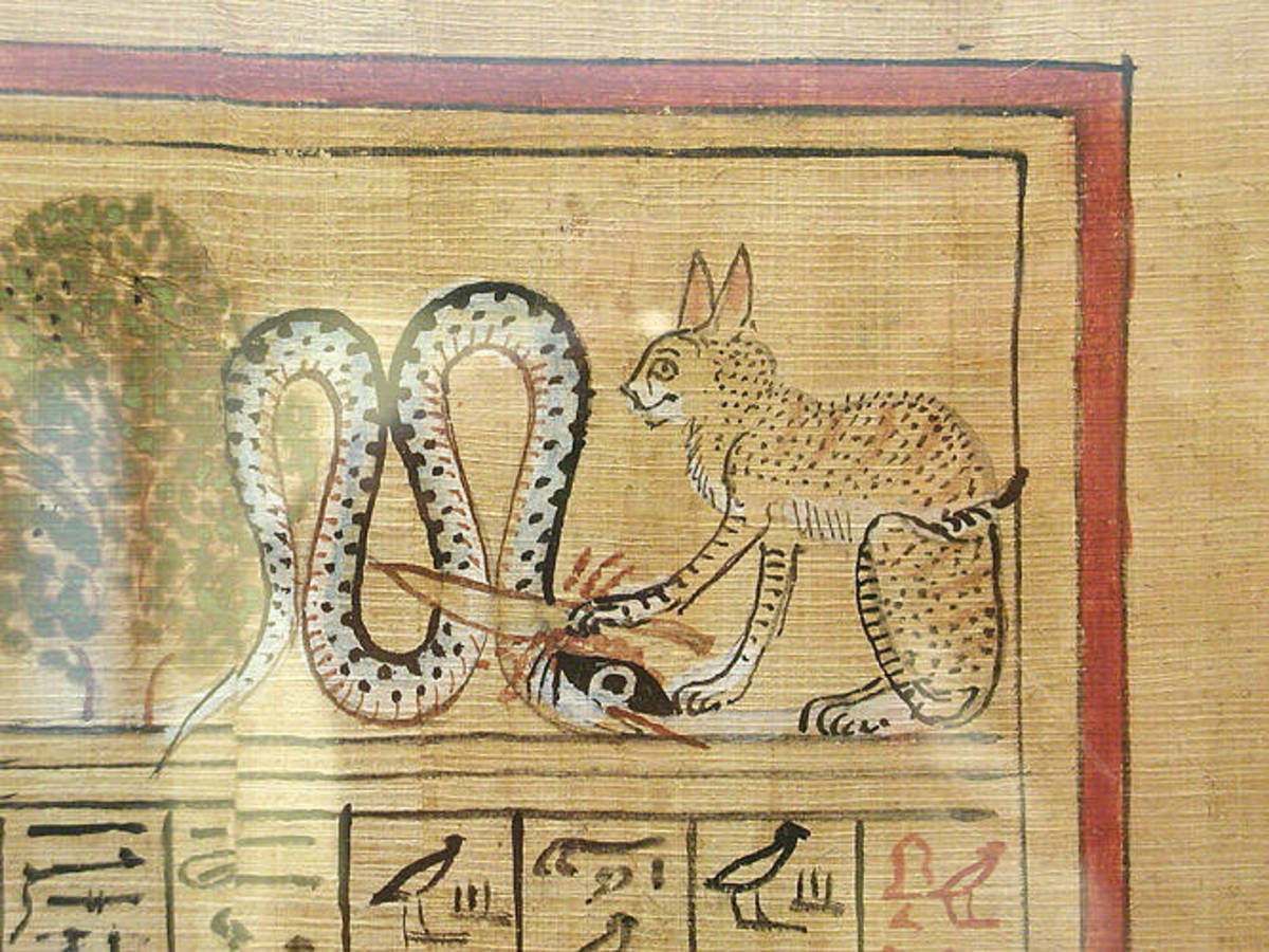 Detail from the papyrus of Hunefer; the sun god represented as a cat kills the serpent of darkness with a knife. Image courtesy of Wiki Commons