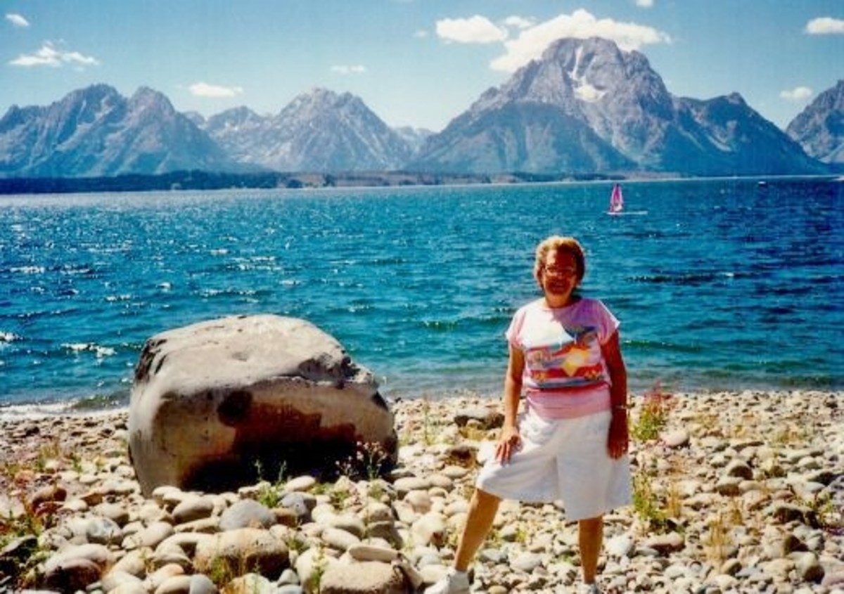 My mother at the Signal Mountain boat launch area of Jackson Lake
