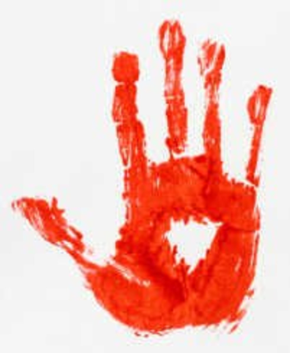 A fake blood handprint. Halloween party decorating idea.