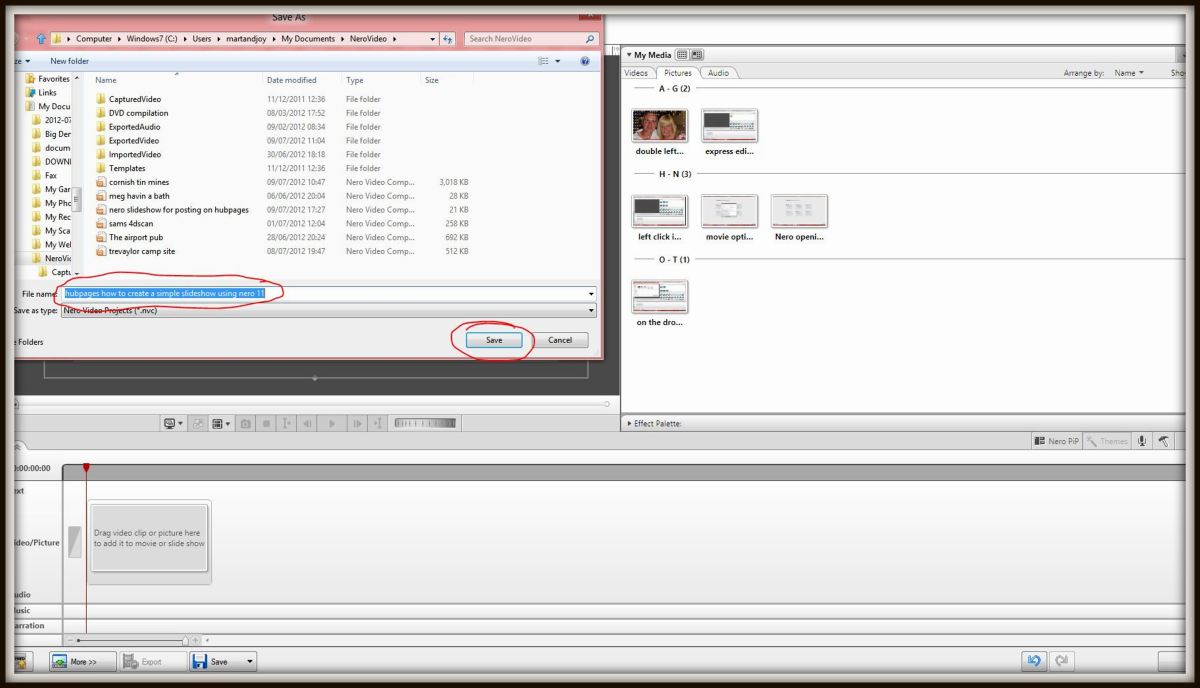 A box will drop down sourced from the Nero Video Folder, choose a name for your project which Nero will save as a nvc file. When satisfied, left click the 'Save' icon highlighted in red.