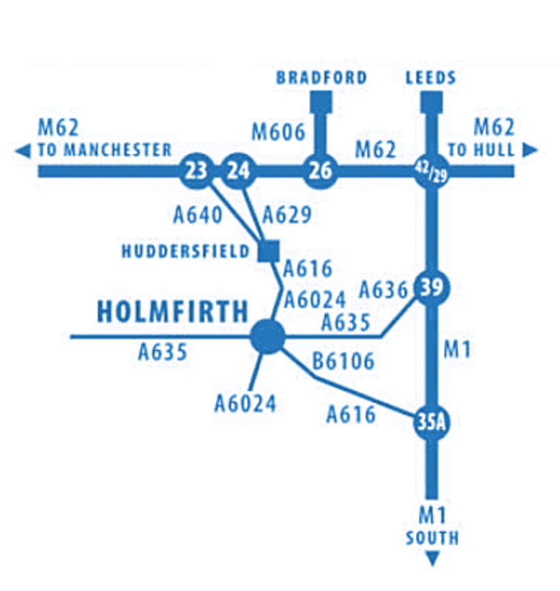 Road routes from the M1 Motorway to Holmfirth and the West Riding