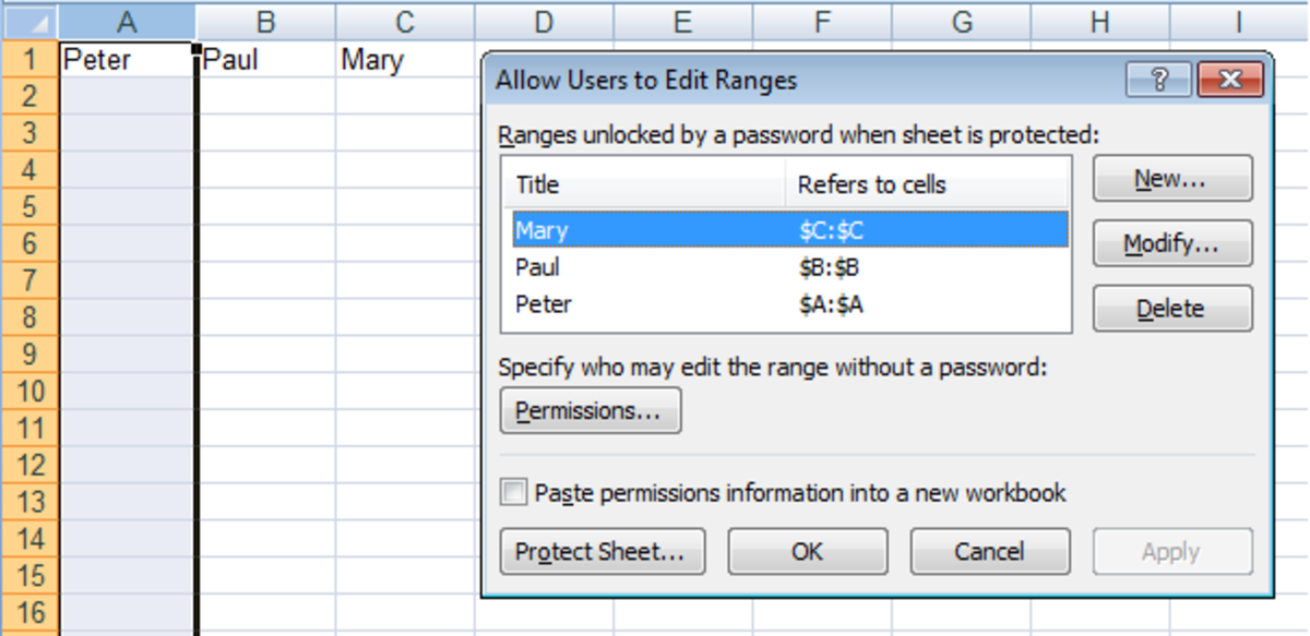 How to configure a number of cell ranges to allow people to edit one range but not others in Excel 2007 and Excel 2010.
