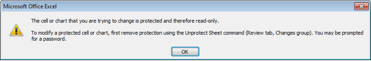 Dialogue box advising a user that the sheet they are trying to modify is protected in Excel 2007 and Excel 2010.