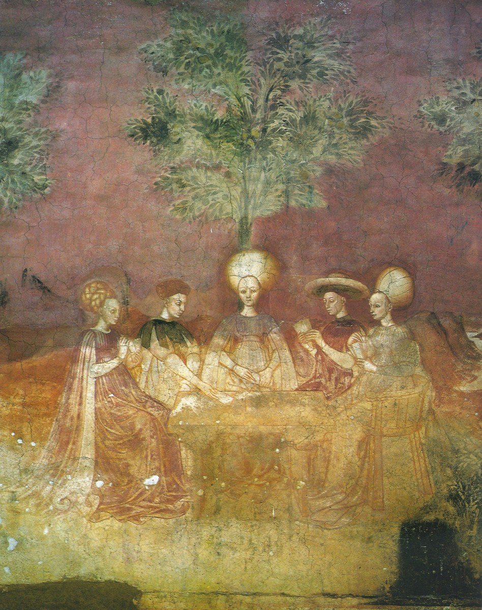 A fresco known as "The Tarocchi Players", painted sometime in the 1440s. These ladies were playing an early version of a tarot game.