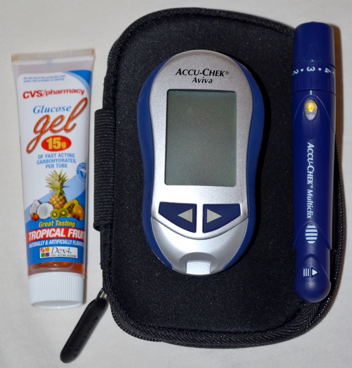 Our glucometer and a tube of glucose gel that I keep on hand, just in case.
