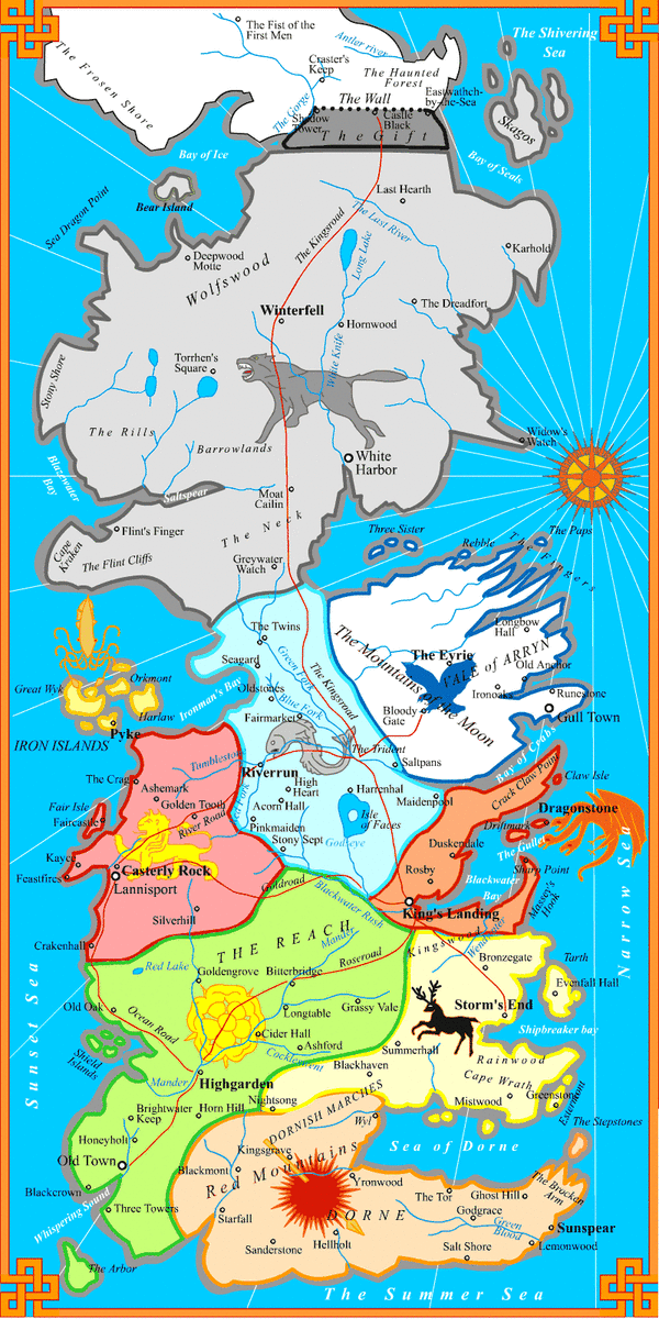 Political Map of Westeros showing the Crownlands, the Seven Kingdoms of Westeros and Beyond the Wall 