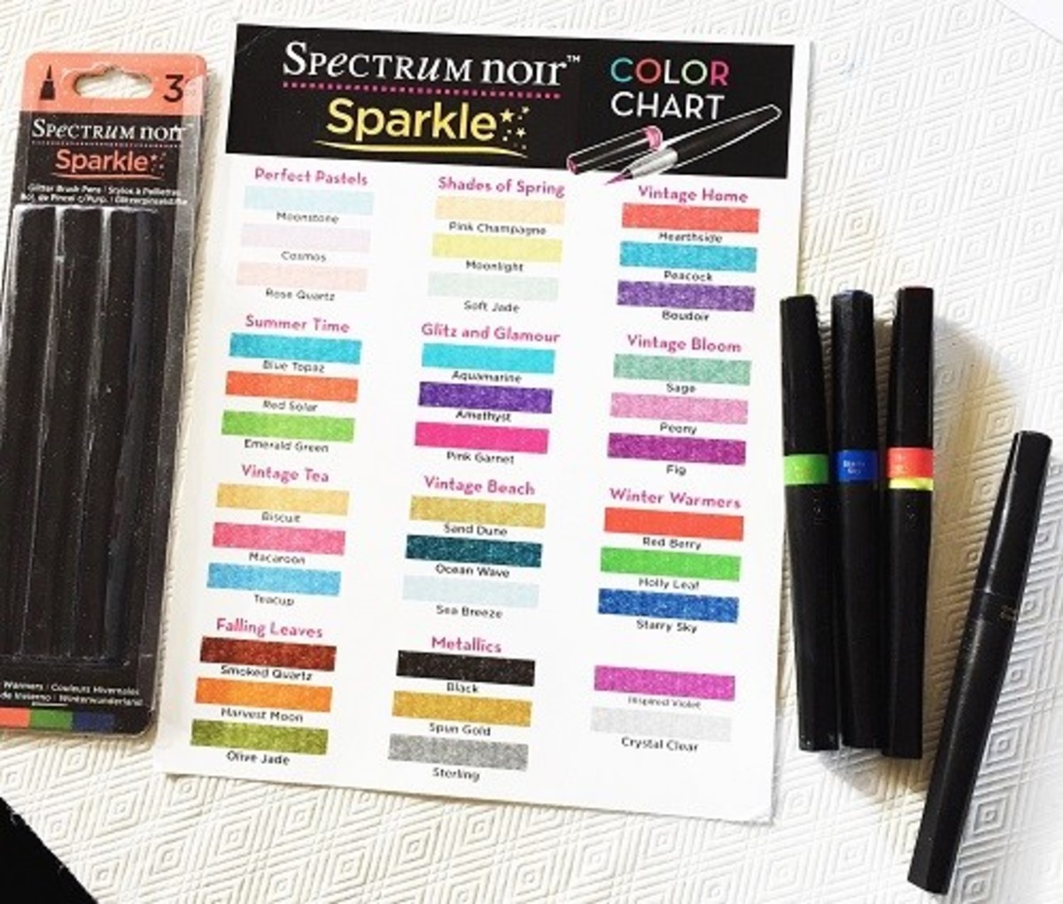 THis chart shows the amazing colors of the Spectrum Noir Glitter Pens